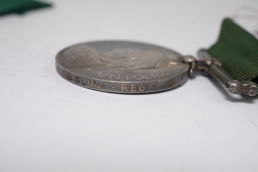 Three LSGC medals; Vict LSGC disc only to 3448 Pens'd Gnr John French Coast Bde R.A.; Vict Volunteer Long Service medal (renamed) to Sergt-William Appleby- 2nd V.B.Glouc-Regt; GV Volunteer Long Service medal to Pte.G.F.H